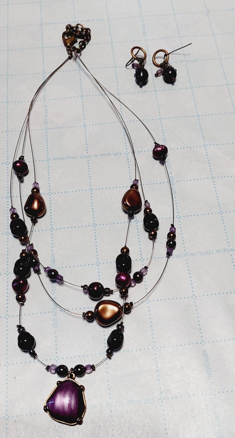 Coldwater Creek Necklace & Earrings Purple Bronze Beads Multi Strand Jewelry