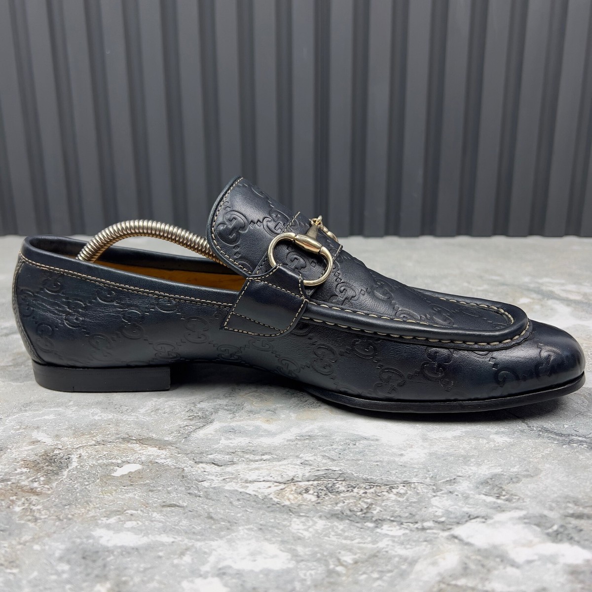 Gucci Tom Ford Era Loafers GG Monogram Embossed Blue Leather 7.5