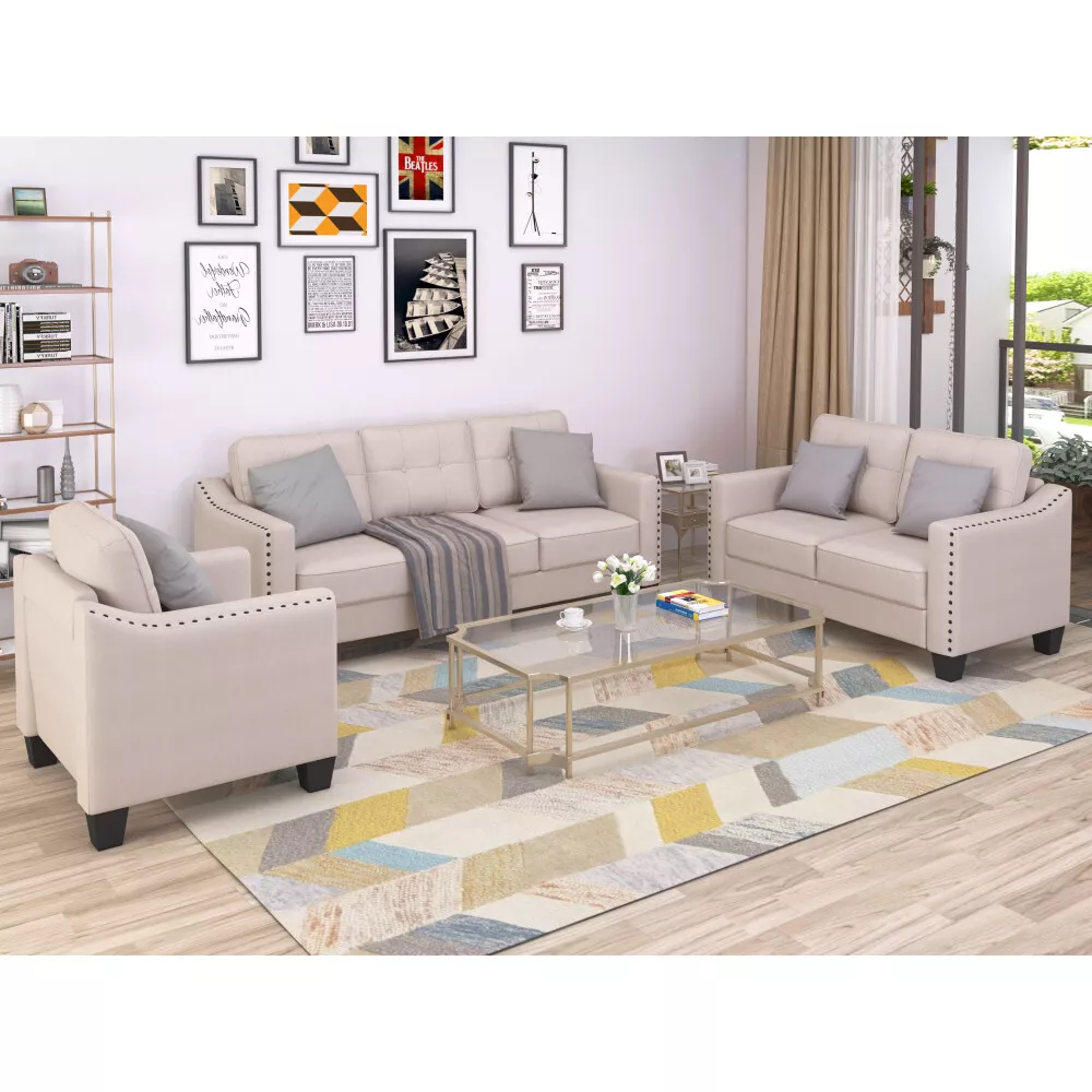 3 Piece Sectional Sofa Set Loveseat and Armchair Set For Living