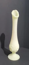 Vtg Fenton Custard Satin Uranium Glass Water Lily Footed Swung Bud Vase 10  1/2"