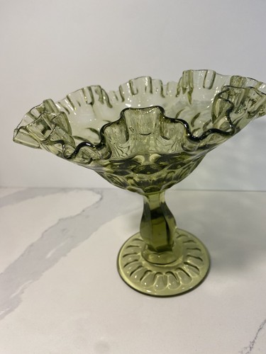 Fenton Olive Green Glass Ruffled Edge Thumbprint Pedestal Candy Dish - Picture 5 of 12