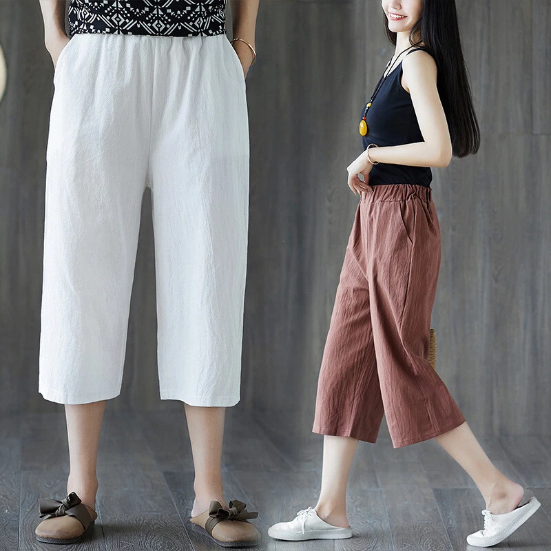 Women Cotton Shorts Knee Length Pants Trousers Casual Loose Wide Leg Summer