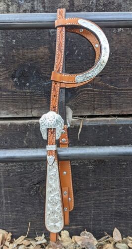 Western Silver Show Headstall - Double Ear - Wide Ranch Cheek - Medium Oil - Picture 1 of 6