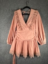 Showpo Indikah Dress Women Small Pink Bellevue Mini Crochet V Neck Coquette Boho