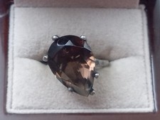 Sterling Silver Ring w. Faceted Teardrop Smoky Quartz Prong Set Stone: Size 7