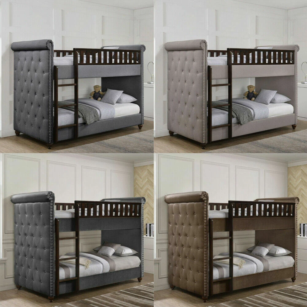New Children s Single Linen Chesterfield Upholstered Bunk Bed and Mattress