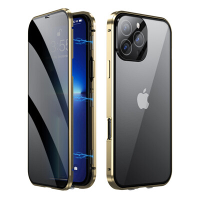 For iPhone 15 16 Pro Max Double Tempered Glass Privacy Magnetic Metal Case Cover