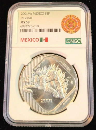 2001 MEXICO SILVER 5 PESOS JAGUAR NGC MS 68 BEAUTIFUL VERY SCARCE TOP POP !!!
