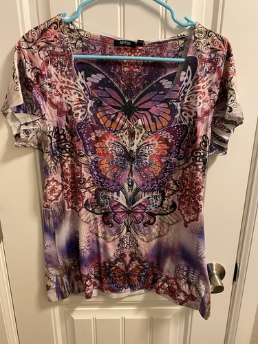 Apt 9 XL Top Sublimation Style Blouse Butterfly Rhinestones Button Front Shirt