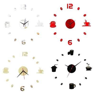 3D Mirror Acrylic Wall Clock Coffee Cups Decorative DIY Self Adhesive Sticker fo