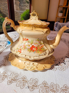 Beige Multicolour Floral Ceramic Coffee Pot w/ Lid & Stand Glossy Finish