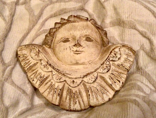 Vtg Folk Art Hand Carved Highly Detailed Wood Angel Putti Wall Plaque Signed L.T