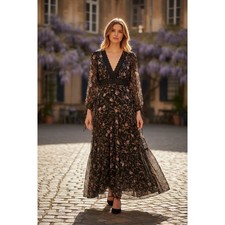 TAYLOR Floral Maxi Dress Black Lace chiffon Tiered Boho dress whimsigoth sz 2