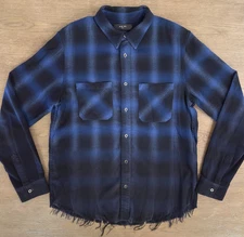 AMIRI Distressed Plaid Cotton Button Up Flannel Shirt-Blue ombre-Raw Hem-Men's S