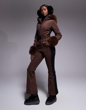 ASOS 4505 Coffee Brown soft shell belted ski suit with side stripe and faux fur ASOS 4505 Coffee Brown soft shell belted ski suit with side stripe and faux fur - Image 1