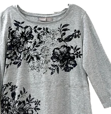 Chico's Zenergy Women's Top 1 (M/8) Heather Gray Blue Black Floral 3/4 Sleeve