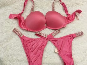VICTORIA'S SECRET SHINE STRAP PADDED Bra Thong & Brazilian Set 36D/M Rose Garden