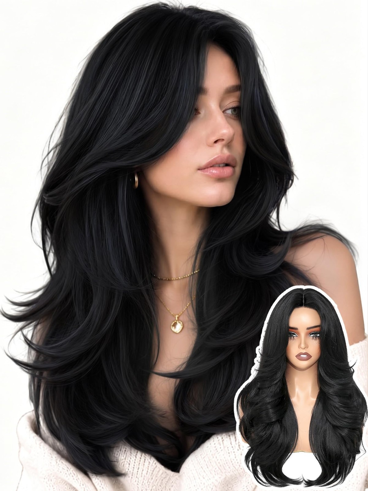Natural Drapery Natural black layered wavy wig, synthetic heat safe flip curls, curtain ...