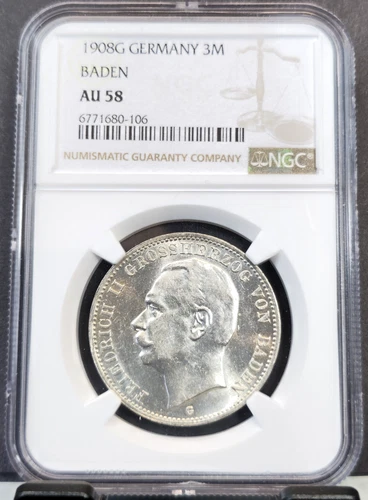1908 GERMANY SILVER 3 MARK BADEN FREDERICK II NGC AU 58 RARE LOW MINTAGE