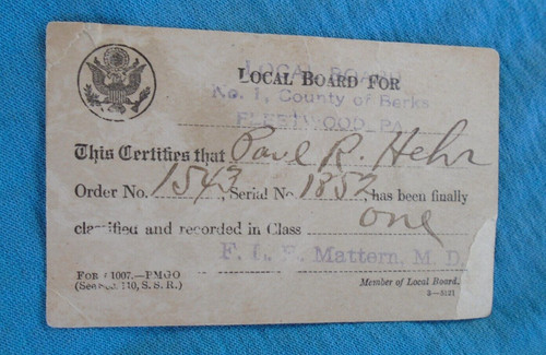 WWI  draft card, Fleetwood PA
