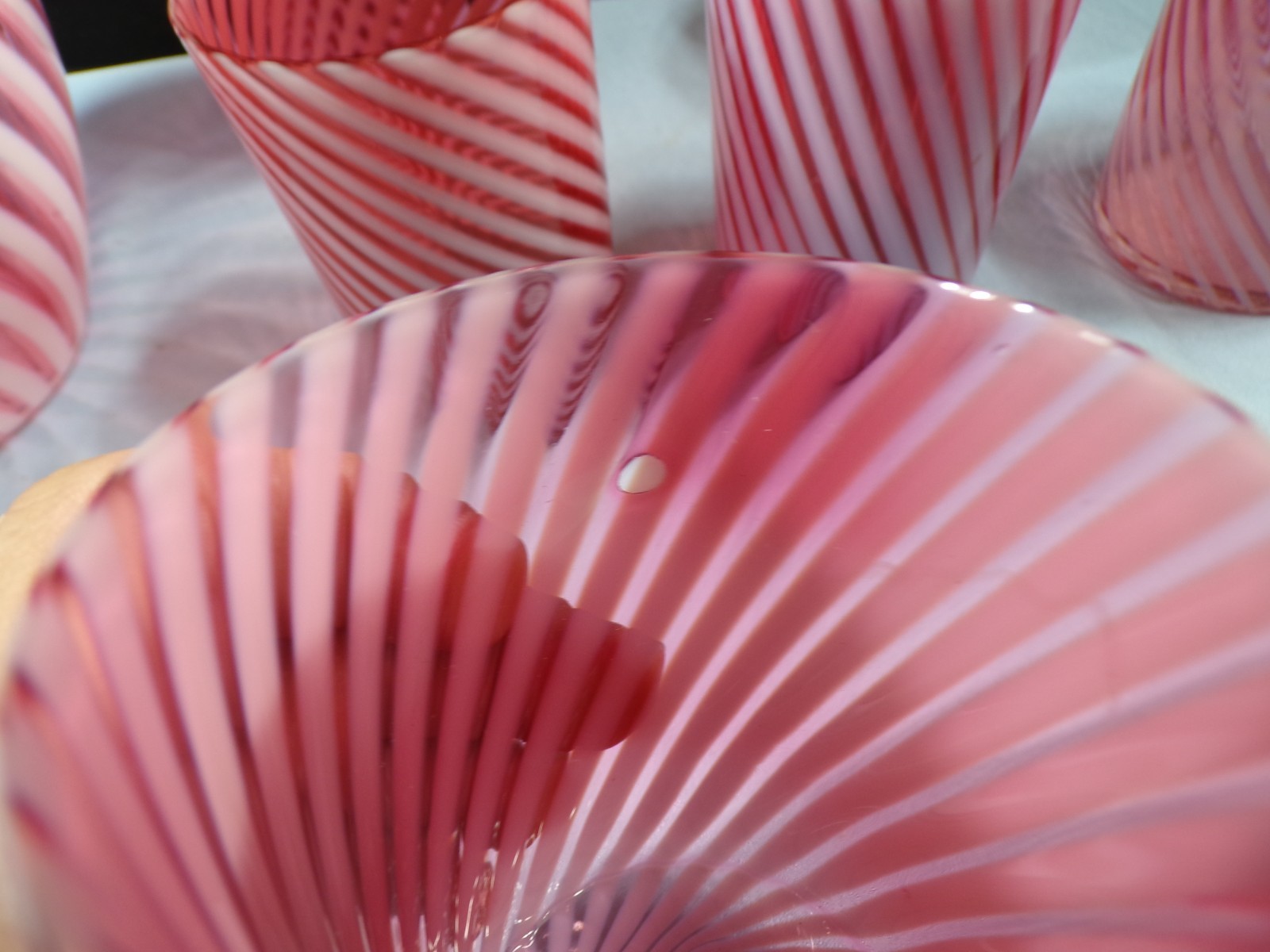 Northwood Cranberry Opalescent Swirl Spiral Optic Water Set Pitcher & 6 Tumblers