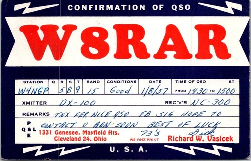 CARTE HAM RADIO CQ QSL TIMBRATE W8RAR CLEVELAND OHIO USA 1957 RICHARD VASICEK - Foto 1 di 2