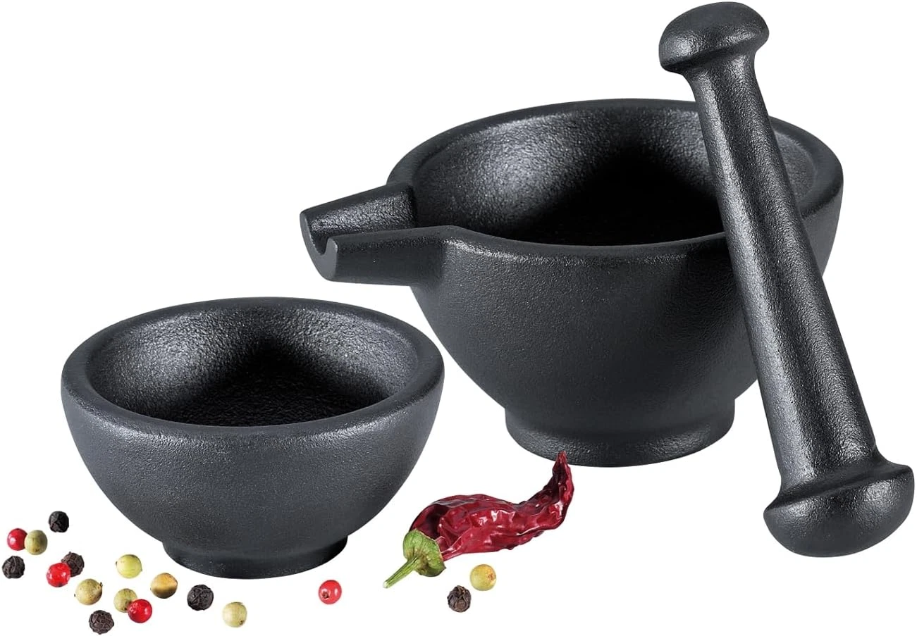 3-Piece Mortar and Pestle Set, Cast Iron Grinder Set for Spices and Seeds, Large