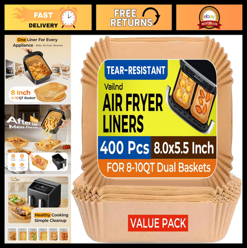 400 Pcs Disposable Air Fryer Liners, 8x5.5 Inch Parchment Sheets, Non-Stick Baki - Afbeelding 1 van 8