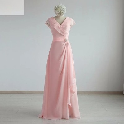 Pink Chiffon A-Line Bridesmaid Dress Floor-Length V-Neck  Custom Made