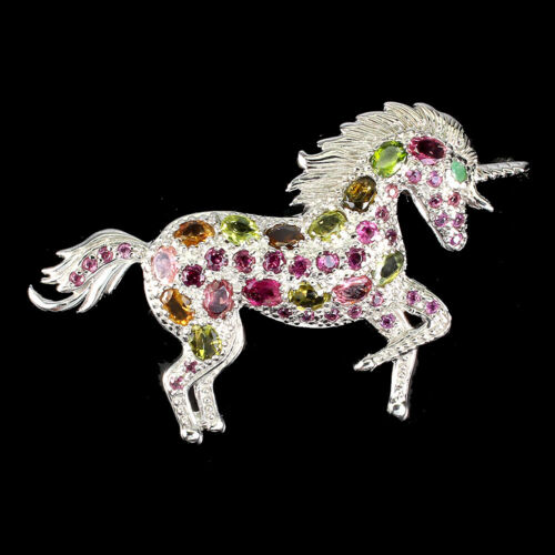 Oval Tourmaline 5x3mm Emerald Gemstone 925 Sterling Silver Horse Jewelry Brooch - Picture 1 of 13