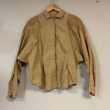 Safari Style Shirt Women's M Button Down Khaki Tan Shirt Fitted Long Sleeve