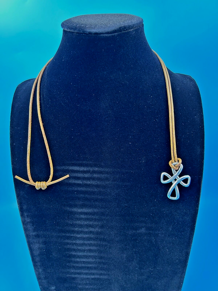 James Avery Retired Sterling Silver Woven Cross On Leather Necklace  Adjustable