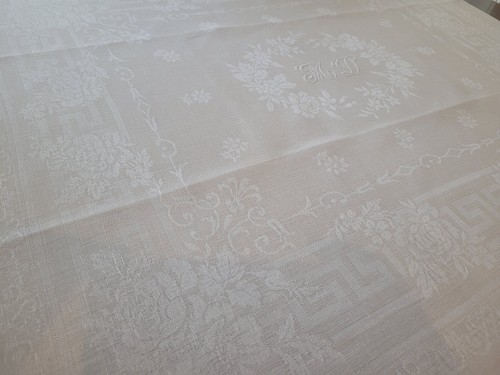 4 XL Antique French damask linen napkins hand embroidered monogram MD - Picture 11 of 12