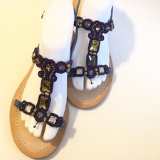 Apepazza Sandal 7.5M Leather Slingback Jewel Beads Flat Sandal Peep Toe