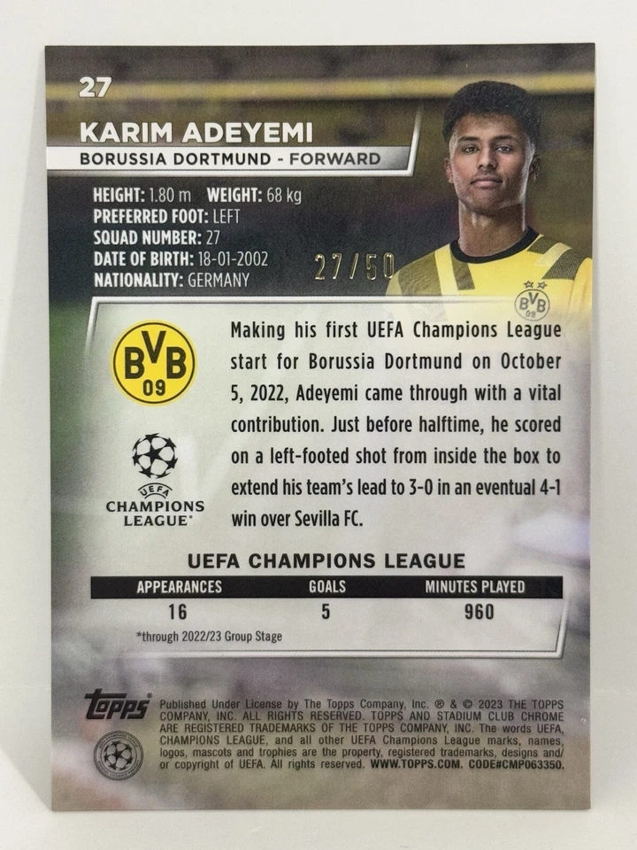2022-23 Topps Stadium Club UCL Dortmund Karim Adeyemi True Gold Jersey #27/50 - Image 4 of 4