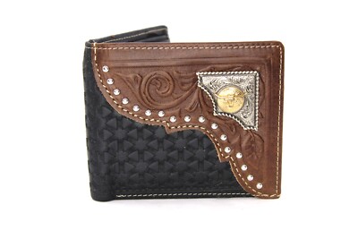 West Star Texas Genuine Leather Short Wallet Studs Gift Box Gold Longhorn Silver