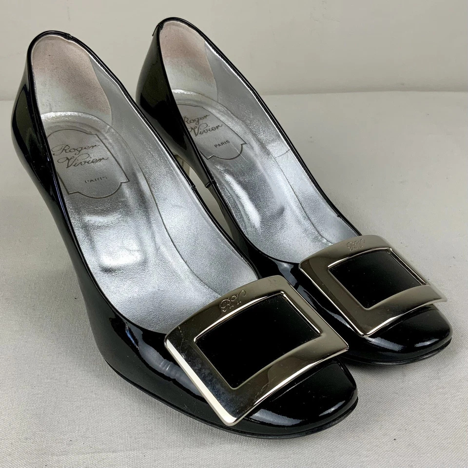 Roger Vivier Italian Black Patent Pumps, With Trompette Silver Heels Size 6.5 - Image 3 of 4