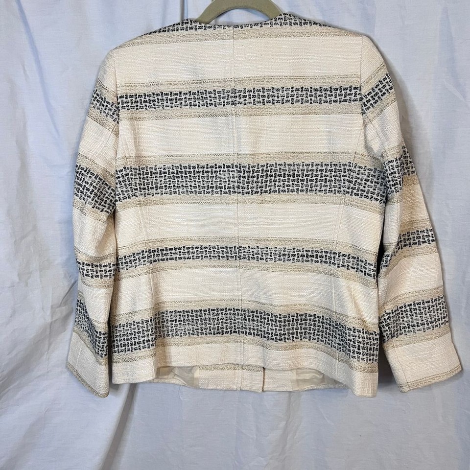 Lafayette 148 New York striped tweed zip blazer cream black metallic Sz