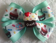 Girls Hair Bow 4" Wide Cupcakes Mint Green Grosgrain Ribbon French Barrette