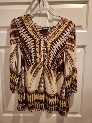 Avenue Sz 14/16 Semi Sheer Tunic Top Brown Cream Geometric Print L