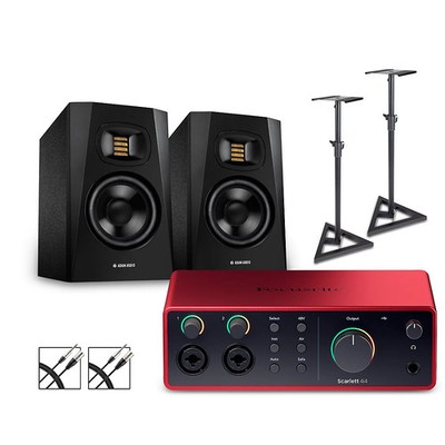 Focusrite Scarlett 4i4 Gen 4 w/Adam Audio T-Series Monitors/Stands/Cables T5V
