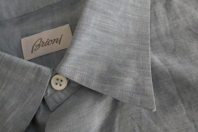 Recent Brioni Italy linen cotton mother of pearl sand brown dress shirt XL