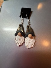 Handmade Polymer Clay Gnome Dangle Earrings in Black and Gold
