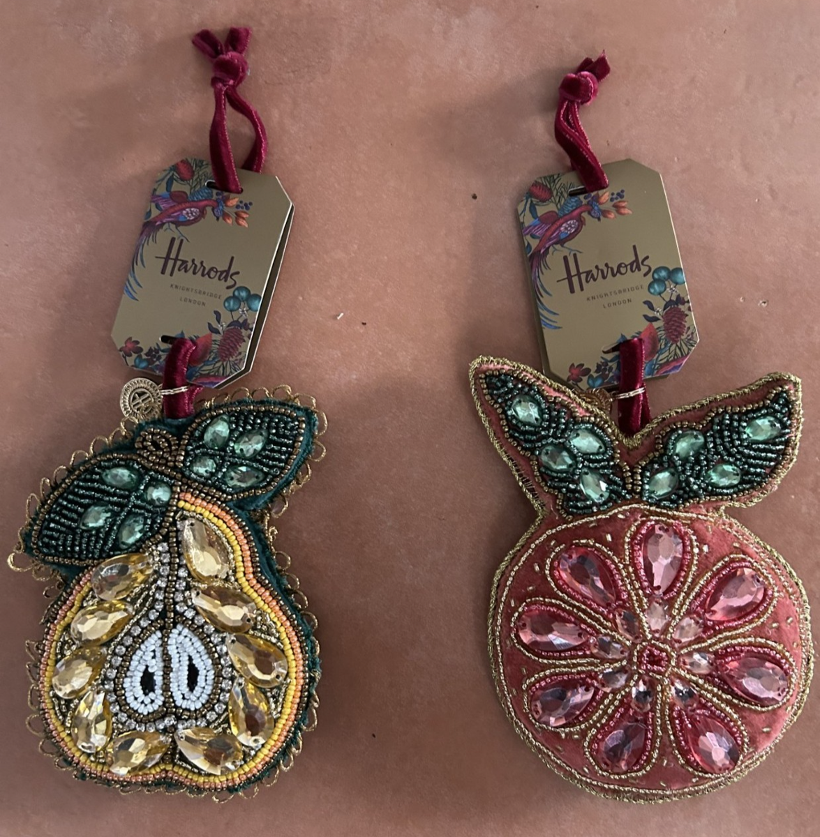 Harrods Christmas Tree Decorations BNWT + dated -Orange & Pear