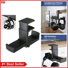 Dual Headphone Stand Holder 360 Rotation Under Desk Clamp Mount Cable Organizer