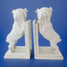 Pair of English Bulldogs Bookends White Glossy Painted Resin 9" Tall