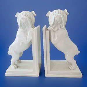 Pair of English Bulldogs Bookends White Glossy Painted Resin 9" Tall