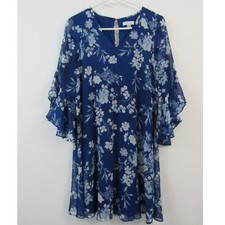 Calvin Klein Size 6 Midi Knee Length Floral Blue Dress White Flowers Bell Sleeve