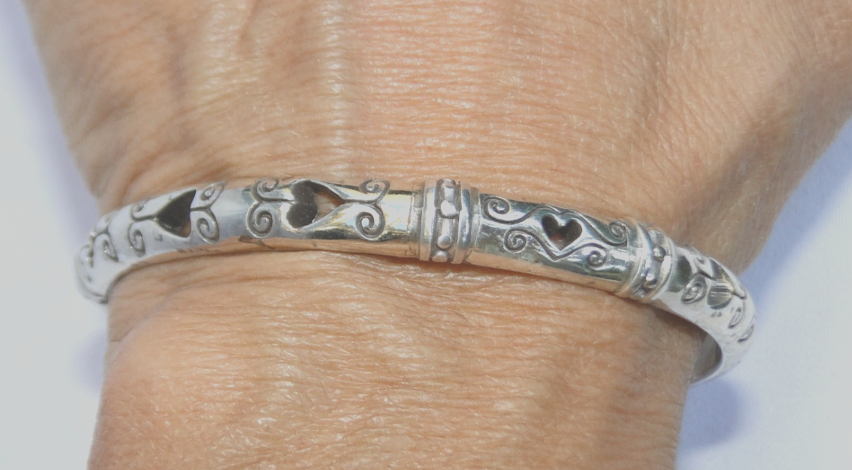 Brighton Shut Thru Open Heart Silver Etched Bangle Bracelet