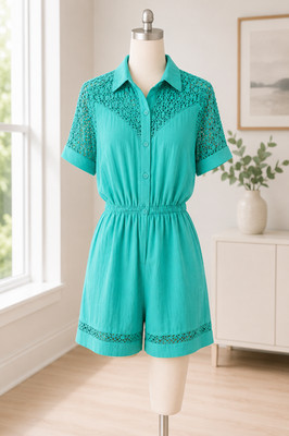 Vintage SeaSuns Aqua Cotton Romper Small Crochet Lace USA Beach Cover Up Boho